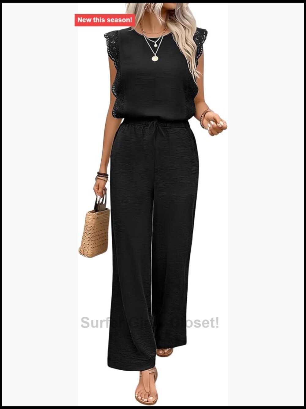 2 Piece Ruffle Sleeve Top and Elastic Waist Wide Leg Pants Set